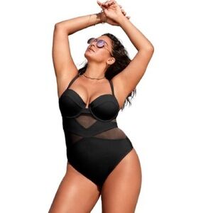 Swimsuits for All Women's Plus Size Mesh Spliced Bandeau Underwire Swimsuit